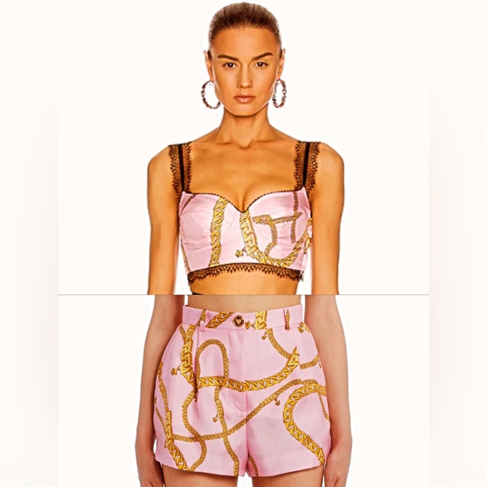 𝒱ℰℛ𝒮𝒜𝒞ℰ chain print silk high waisted shorts&crop bustier top w/ lace detail